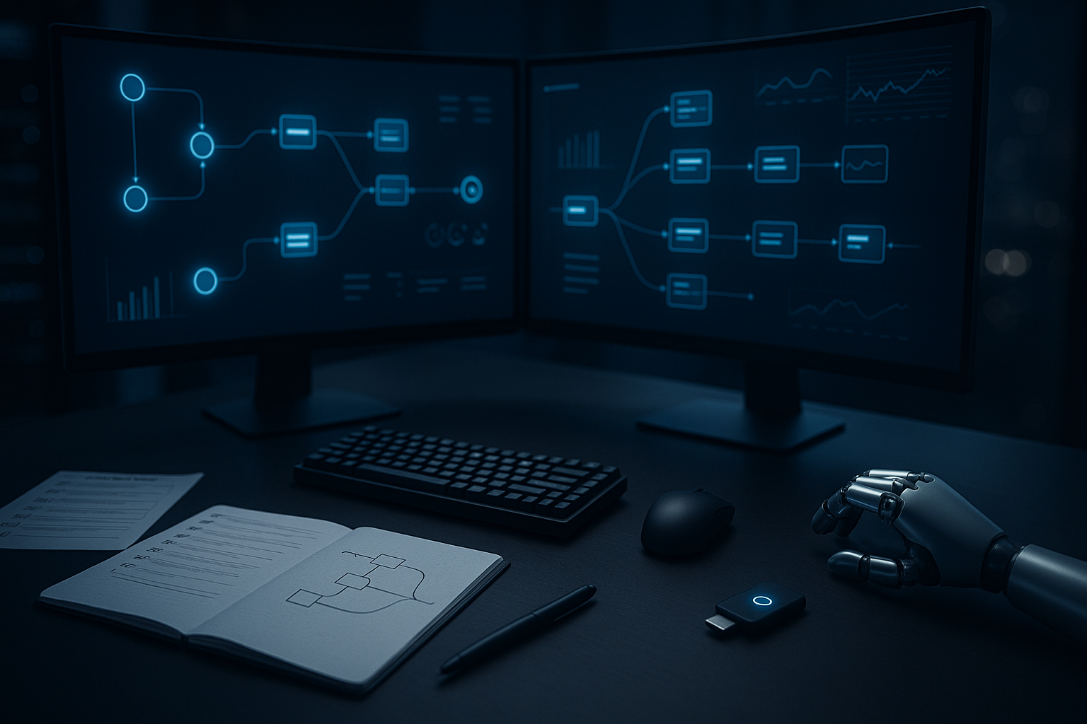 Engineer building AI-assisted workflows on a desktop