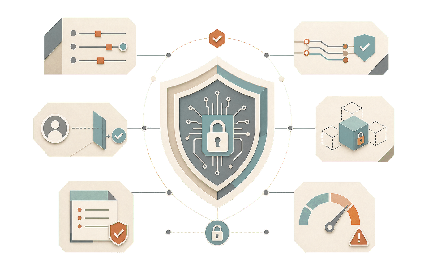 Abstract cybersecurity guardrails system with shield, lock, access controls, and risk signals